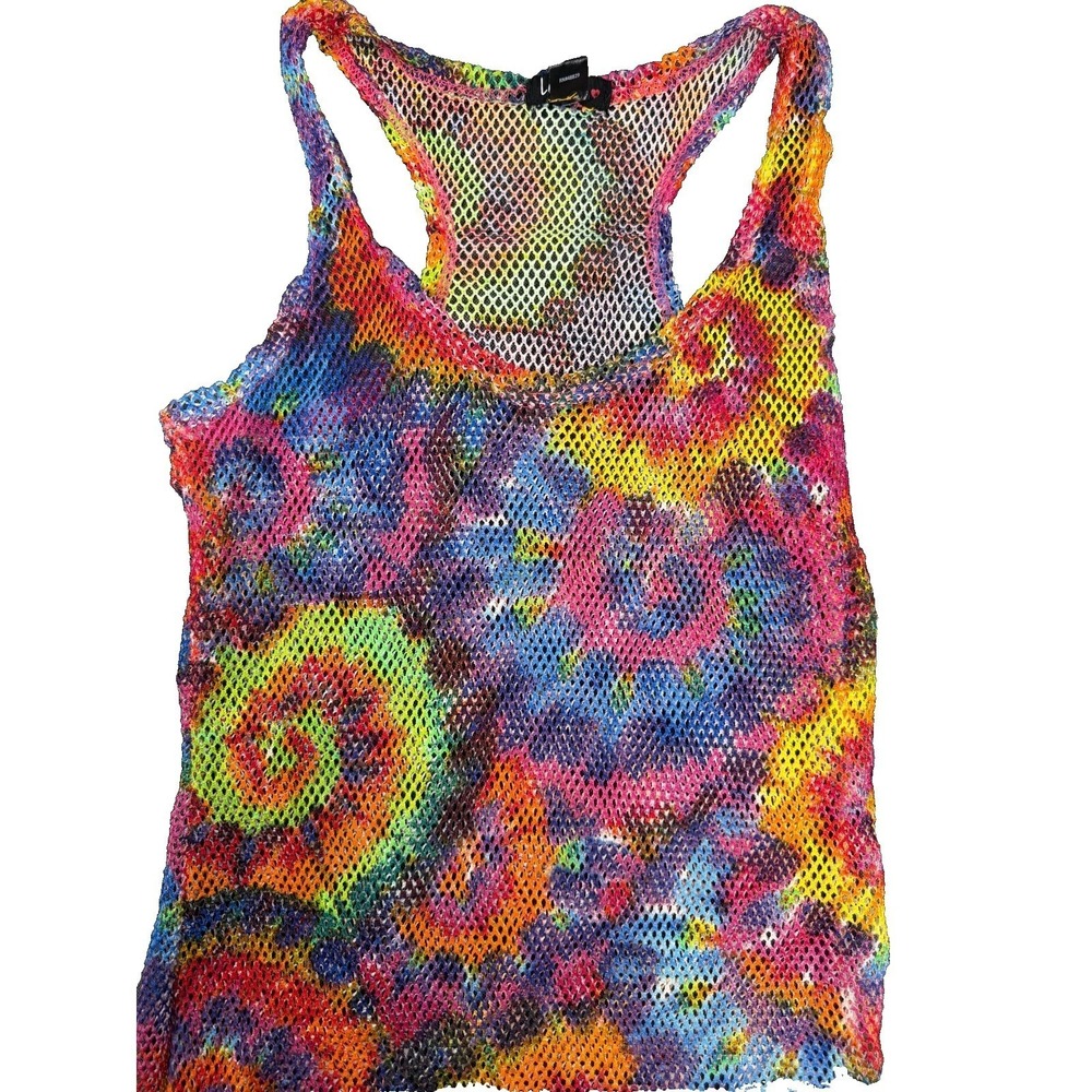Love Tie Dye Fishnet Mesh Maxi Dress Womens M Racerback Rainbow Slit Festival